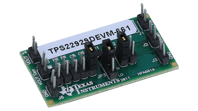 TPS22929DEVM-661 TPS22929D Low-Input Voltage, 1.8A Single-Channel Load Switch Evaluation Module angled board image