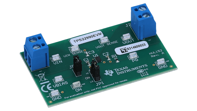 TPS22990EVM TPS22990 5.5V, 10A, 3.9mΩ On-Resistance Load Switch Evaluation Module angled board image