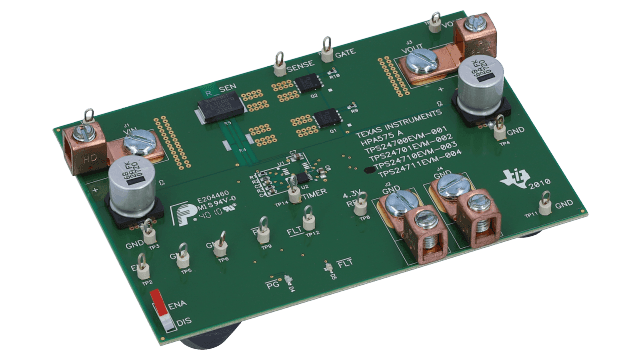 TPS24710EVM-003 評価モジュール、正電圧、電力制限ホットスワップ・コントローラ angled board image