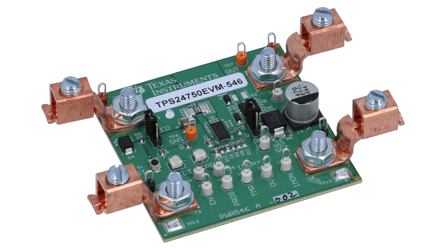 TPS24750EVM-546 具有電流監視器的 12A 整合式熱插拔控制器 angled board image