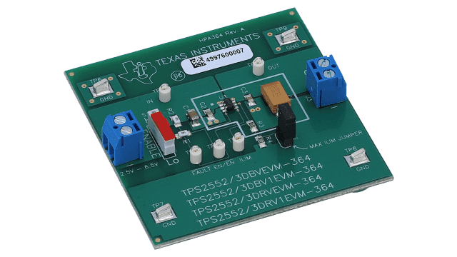 TPS2552DRV1EVM-364 Power-Distribution Switch with Adjustable Current-Limit Evaluation Module for TPS2552DRV1EVM-364 angled board image