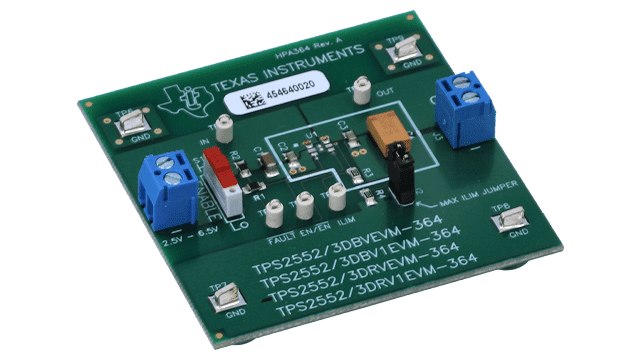 TPS2552DRVEVM-364 Power-Distribution Switch with Adjustable Current-Limit Evaluation Module for TPS2552DRVEVM-364 angled board image