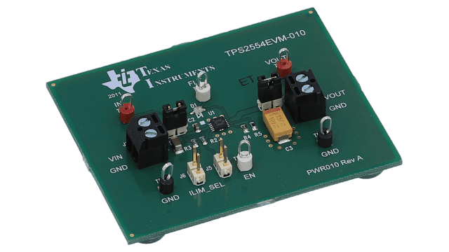 TPS2554EVM-010 評価モジュール、TPS2554 用、高精度、可変電流制限　パワー・ディストリビューション・スイッチ angled board image