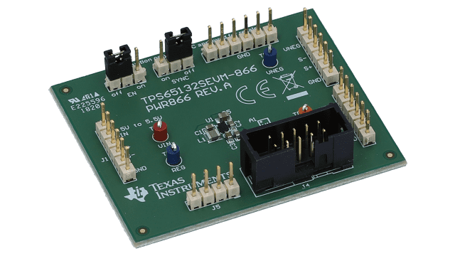 TPS65132SEVM-866 TPS65132S Evaluation Module: Single Inductor - Dual Output Positive and Negative Power Supply angled board image