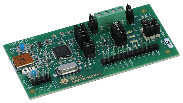 LP5562EVM 4 チャネル LED ドライバ、プログラマブル・ライティング・シーケンス機能付き評価基板 angled board image