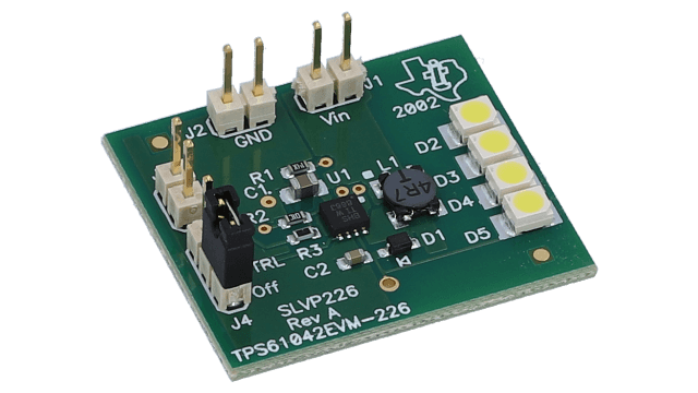 TPS61042EVM-226 TPS61042 EVM定電流、白色 LED 電源/PWM 輝度制御 angled board image