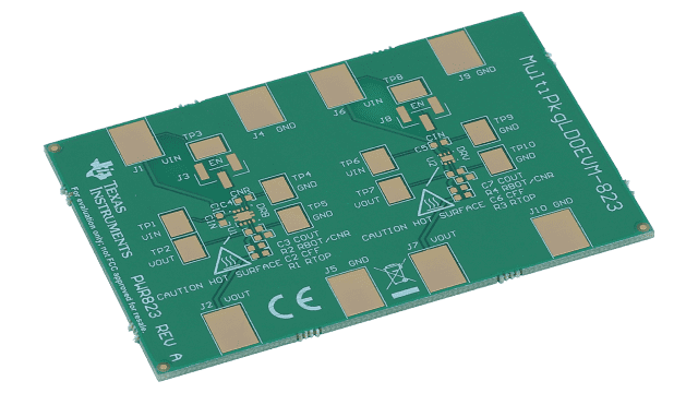 MULTIPKGLDOEVM-823 DBV、DRB、DRV、DQN パッケージ向け汎用 LDO リニア電圧レギュレータの評価基板 angled board image