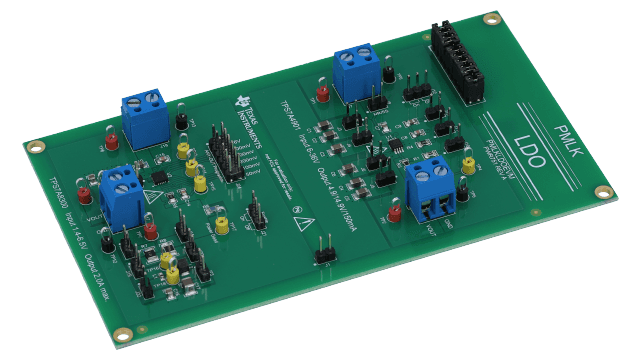 PMLKLDOEVM TI-PMLK LDO experiment board using TPS7A4901 and TPS7A8300 angled board image