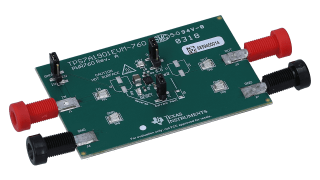 TPS7A1901EVM-760 TPS7A19 40-V 450-mA low-IQ LDO linear regulator evaluation module angled board image