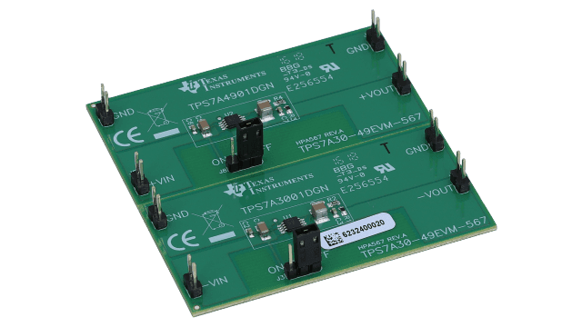 TPS7A30-49EVM-567 TPS7A3001 and TPS7A4901 low-dropout (LDO) linear regulator evaluation module angled board image