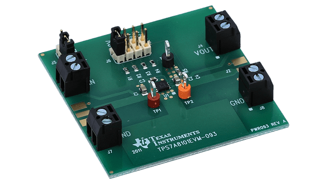 TPS7A8101EVM-093 TPS7A8101 Low-Noise, High-Bandwidth PSRR, Low-Dropout 1-A Linear Regulator Evaluation Module angled board image