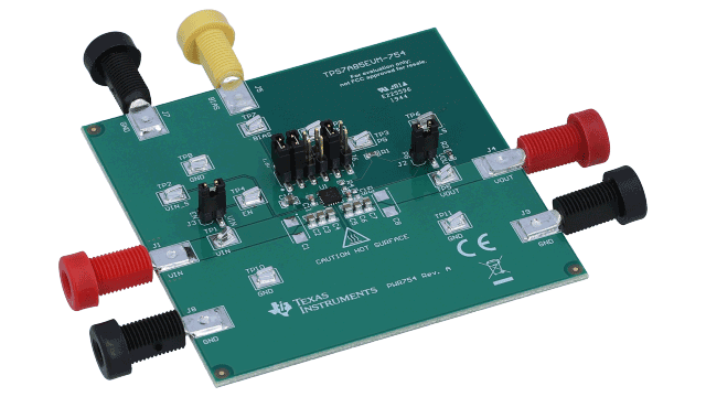 TPS7A85EVM-754 TPS7A85 4-A high-current, 1% high-accuracy, 4.4-μVRMS LDO regulator evaluation module angled board image