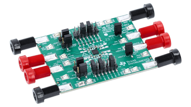 TPS7A8701EVM-852 TPS7A87 Dual 500mA Low-Noise (3.8 μVRMS) LDO Voltage Regulator Evaluation Module angled board image