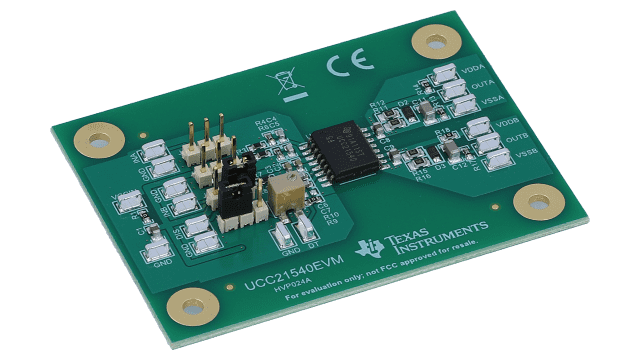 UCC21540EVM 5.0-kVrms Isolated Dual-Channel Gate Driver With 3.3mm Channel-to-Channel Spacing Evaluation Module angled board image