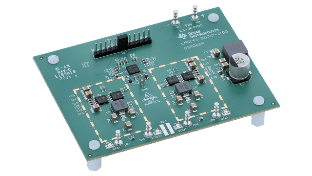 LM5143-Q1EVM-2100 Dual-channel automotive synchronous buck controller evaluation module angled board image