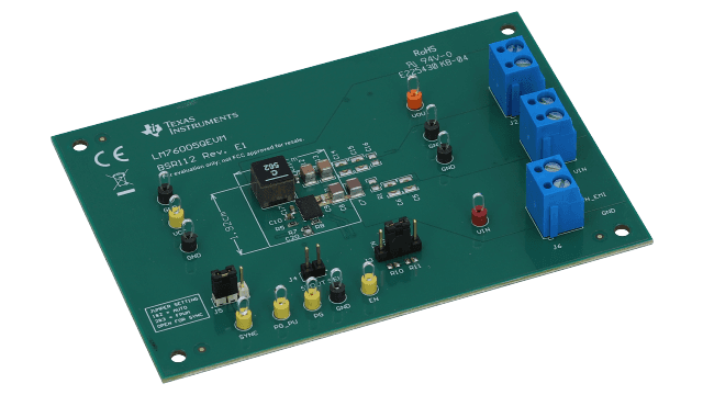 LM76005QEVM 3.5-V to 60-V, 5-A synchronous step-down voltage converter evaluation module angled board image