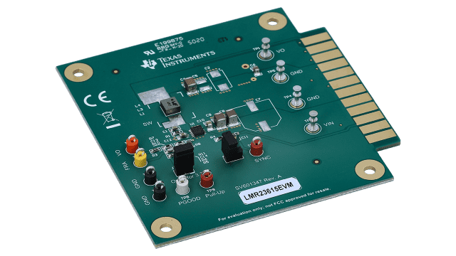 LMR23615EVM Wide Vin Synchronous Step-down Converter Evaluation Module angled board image