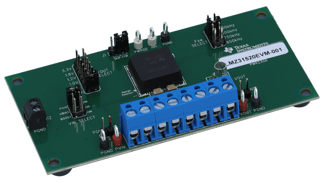 LMZ31520EVM-001 LMZ31520 3V to 14.5V, 20A Step-Down Power Module Evaluation Board angled board image
