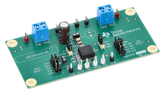 LMZ34202EVM 4,5 V bis 42 V, 2 A, Abwärts-Stromversorgungsmodul – Evaluierungsplatine angled board image