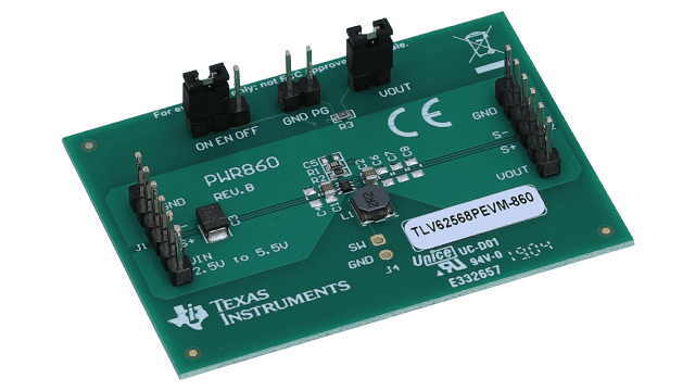 TLV62568PEVM-860 TLV62568PDRL 5.5V 入力、1A 出力、高効率降圧コンバータの評価モジュール angled board image