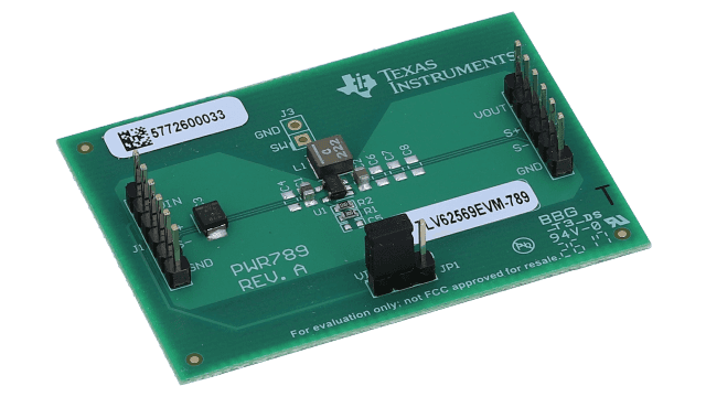 TLV62569EVM-789 Módulo de evaluación para convertidor reductor de alta eficiencia con entrada de 5.5 V y salida de 2 A angled board image