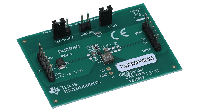 TLV62569PEVM-860 TLV62569PDRL Hocheffizienter Abwärtswandler mit 5,5 V-Eingang und 2 A-Ausgang – Evaluierungsmodul angled board image