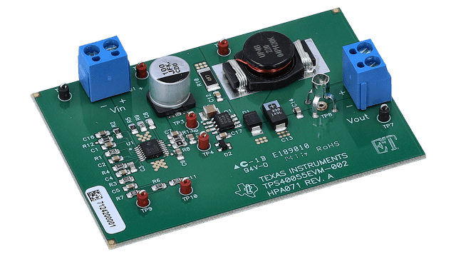 TPS40055EVM-002 Wide Input Range Converter delivers 5V at 2 Amps angled board image
