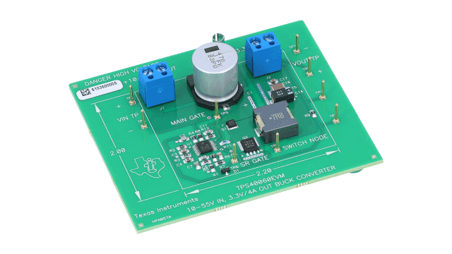 TPS40060EVM 10-V to 55-V Input, 3.3-V Output, 4-A, Wide Input Range EVM angled board image