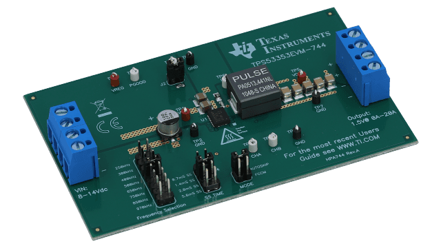 TPS53353EVM-744 High-Efficiency, 20-A, Synchronous Buck Converter With Eco-mode Control Scheme Evaluation Module angled board image
