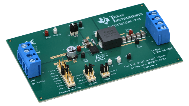 TPS53355EVM-743 High-Efficiency, 30-A,Synchronous Buck Converter With Eco-mode Control Scheme Evaluation Module angled board image