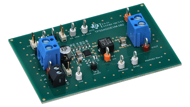 TPS54020EVM-082 10A Synchronous Step-Down SWIFT&trade; Converter Evaluation Module angled board image