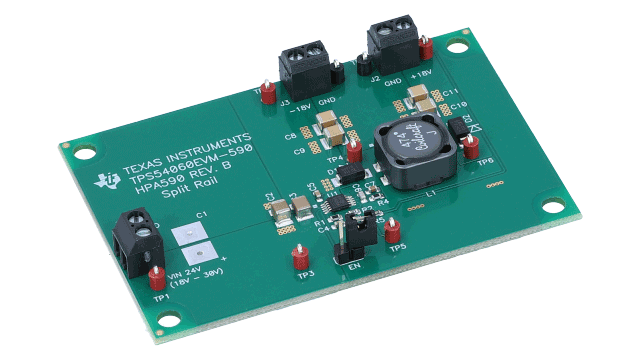 TPS54060EVM-590 100 mA Split Rail SWIFT&trade; Converter Evaluation Module angled board image