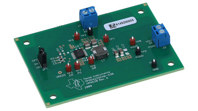 TPS54225EVM-538 2A、4.5V ～ 17V 入力、 SWIFT™ コンバータ評価モジュール angled board image