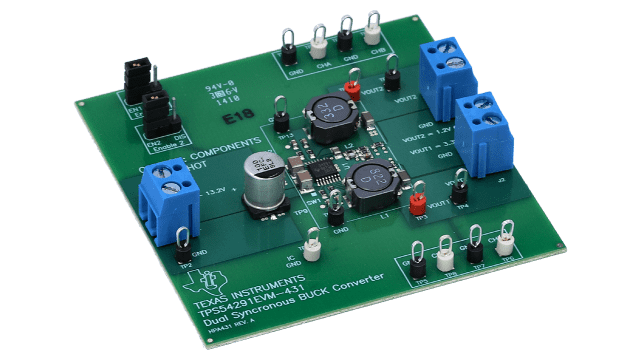 TPS54291EVM-431 12V Input, 3.3V 1.5A and 1.2V and 2.5A Dual Sync Buck Converter Evaluation Module angled board image