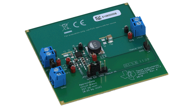 TPS54320EVM-513 Evaluierungsmodul für TPS54320, 4,5 V bis 17 V-Eingang, 3 A, Synchron-Abwärts-SWIFT&trade;-Wandler angled board image