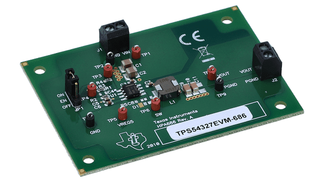 TPS54327EVM-686 Evaluierungsmodul für TPS54327, 3 A, Synchron-Abwärtswandler angled board image