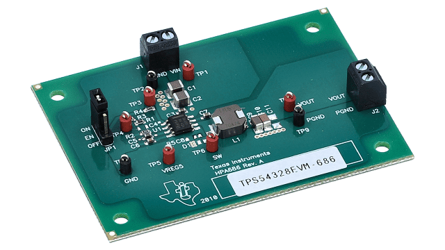 TPS54328EVM-686 Evaluation Module for TPS54328 3-A Synchronous Step-Down Converter with Eco-Mode angled board image