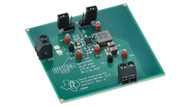 TPS54418EVM-375 TPS54418、3.3V 入力、1.8V 出力、4A SWIFT&trade; コンバータ評価モジュール angled board image