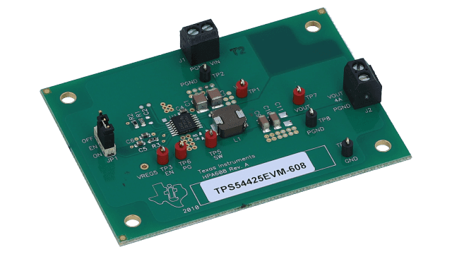 TPS54425EVM-608 Evaluierungsmodul für TPS54425 4,5 V bis 18 V-Eingang, 4 A, Synchron-Abwärtswandler angled board image
