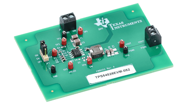 TPS54528EVM-052 Módulo de evaluación para convertidor reductor síncrono TPS54528 con modo D-CAP2 y salto automático angled board image