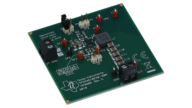 TPS54618EVM-606 適用於 TPS54618 同步降壓 SWIFT&trade; DC/DC 轉換器的評估模組 angled board image