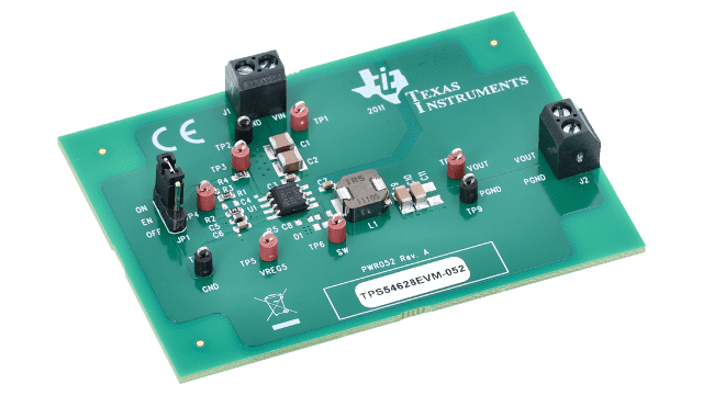 TPS54628EVM-052 TPS54628 6-A Synchronous Step-Down Converter Evaluation Module angled board image