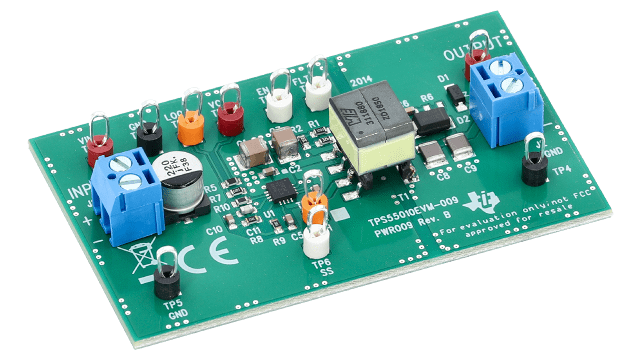 TPS55010EVM-009 Evaluation Module for 2.95V to 6V Input, 200mA Isolated DC/DC Converter angled board image