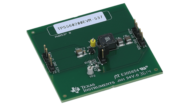 TPS560200EVM-537 Evaluierungsmodul für synchronen 500-mA-Abwärtswandler angled board image