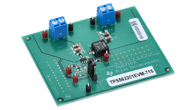 TPS562201EVM-715 2-A, SWIFT Step-Down Voltage Converter Evaluation Module angled board image
