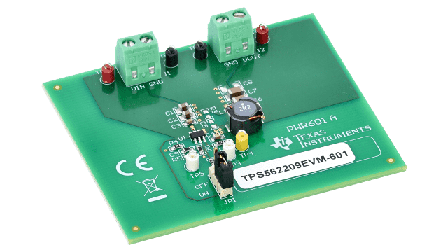 TPS562209EVM-601 TPS562209 17V Input, 2A Synchronous Step-Down Regulator in SOT-23 Evaluation Module angled board image