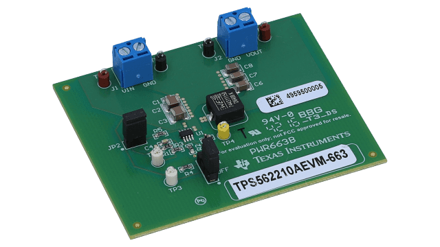 TPS562210AEVM-663 TPS562210A, 2A Synchronous Step-Down Converter Evaluation Module angled board image