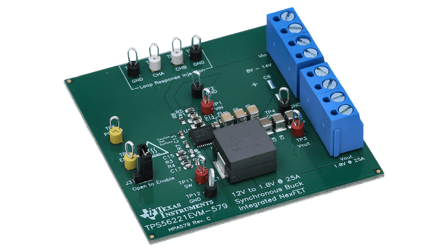 TPS56221EVM-579 Evaluation Module for TPS56221 High Current (25A) Synchronous Step-Down SWIFT&trade; Converter angled board image