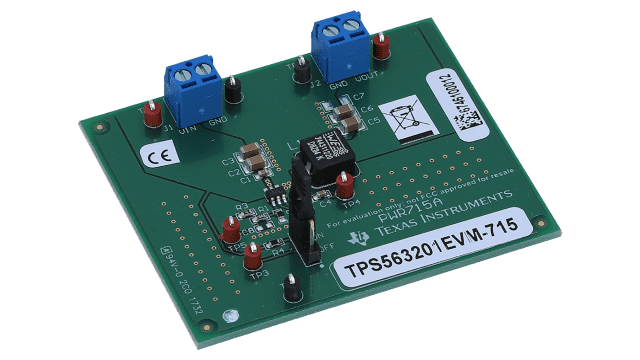 TPS563201EVM-715 3 A、SWIFT 降圧電圧コンバータ評価モジュール angled board image