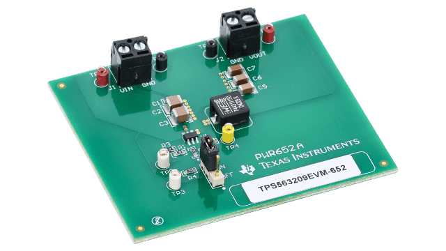 TPS563209EVM-652 TPS563209 4.5V to 17V Input, 3A Synchronous Step Down Converter with Integrated FETs angled board image